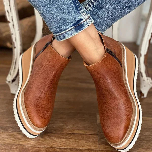 Women's striped suede side zip orthopedic waterproof ankle boots with wedge platform sole