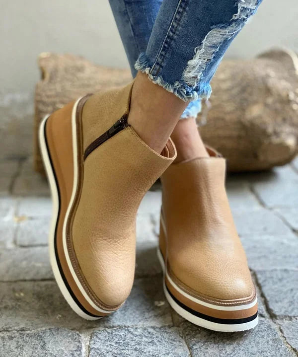 Women's striped suede side zip orthopedic waterproof ankle boots with wedge platform sole