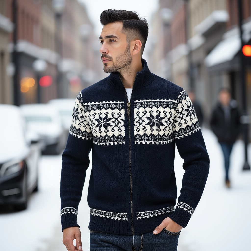 Men's Patterned Knit Cardigan, High Collar, Zip Front
