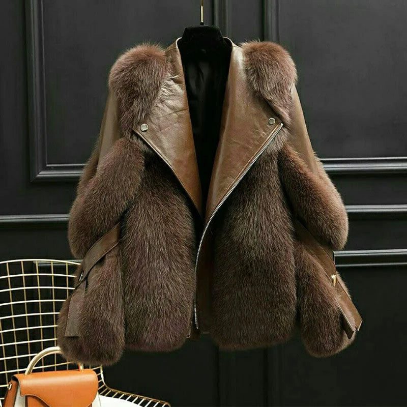 Evadne | Leather Oversized Jacket with Faux Fur Collar for Women