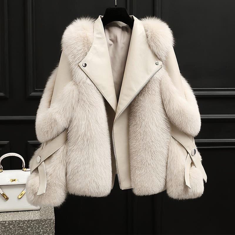 Evadne | Leather Oversized Jacket with Faux Fur Collar for Women