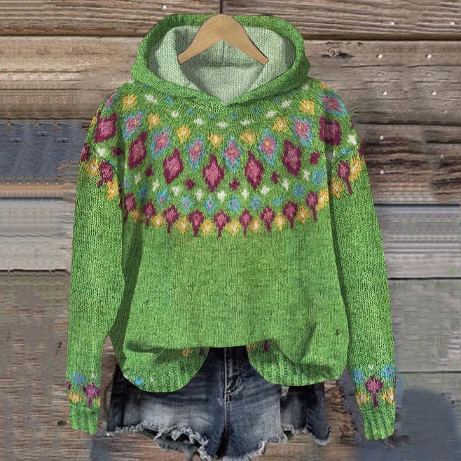 Paige | Women's Ribbed Knit Nordic Print Hoodie Sweatshirt with Kangaroo Pocket