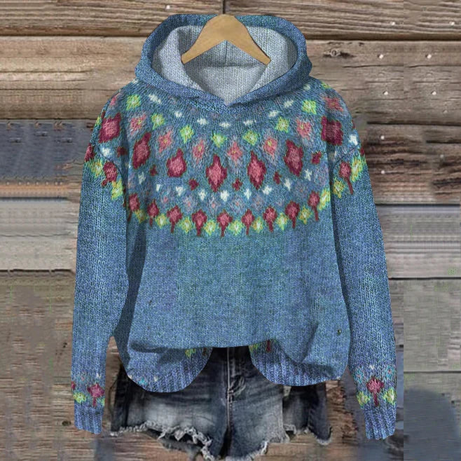 Paige | Women's Ribbed Knit Nordic Print Hoodie Sweatshirt with Kangaroo Pocket