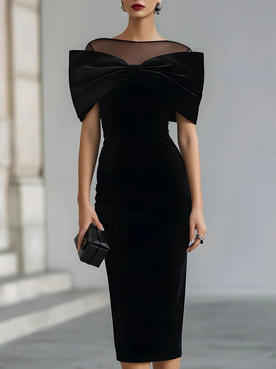 Pamela | Boat Neck Black Wedding Guest Formal Midi Dress with Bow