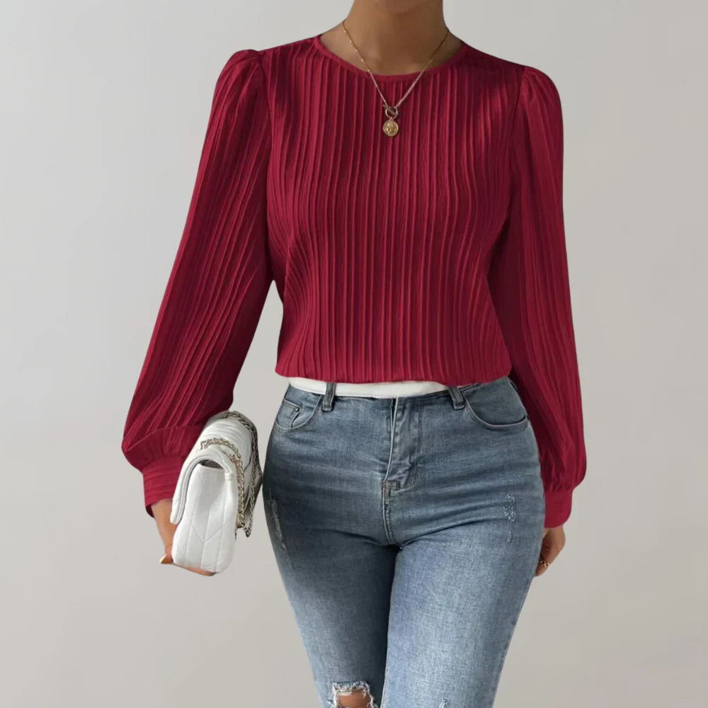 Pamela | Women's Summer Pleated Balloon Sleeve Blouse with Round Neck