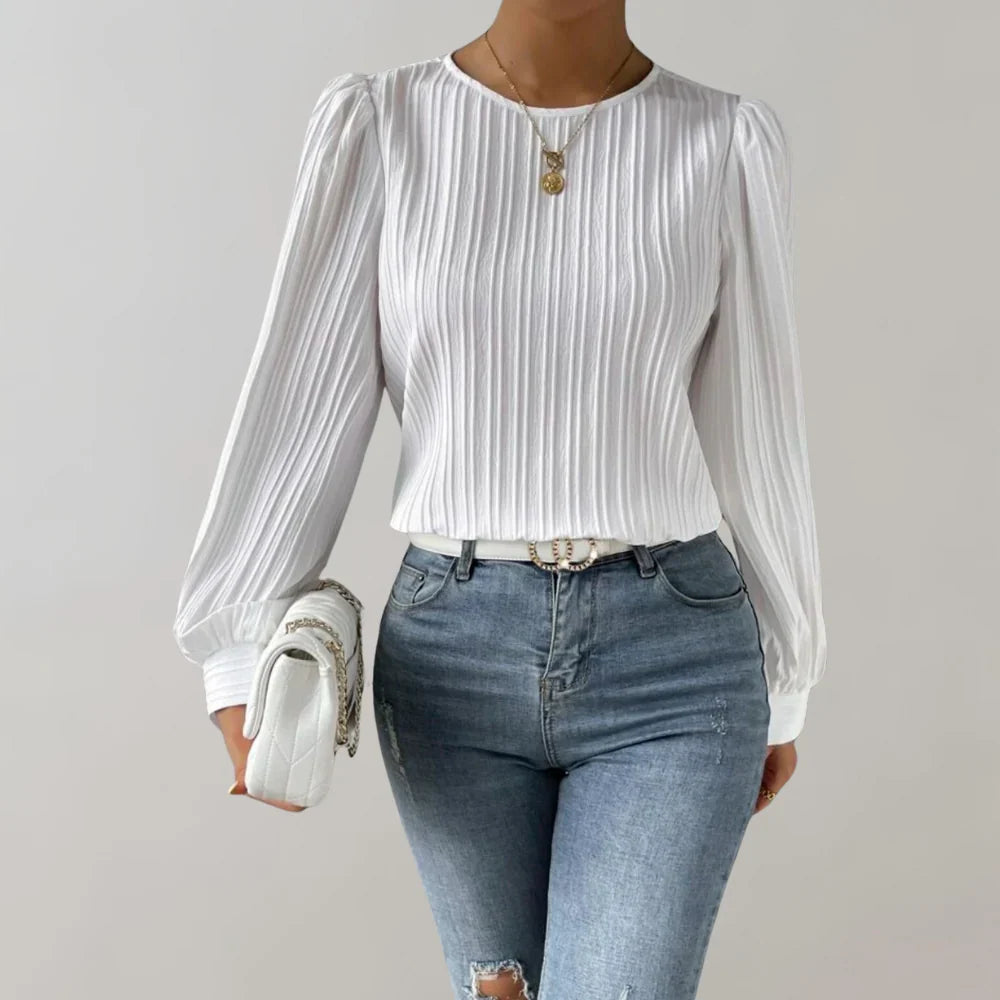 Pamela | Women's Summer Pleated Balloon Sleeve Blouse with Round Neck
