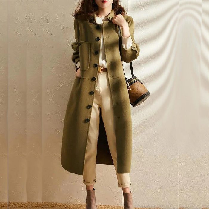 Panya | Long A-Line Coat with Welt Pockets for Women