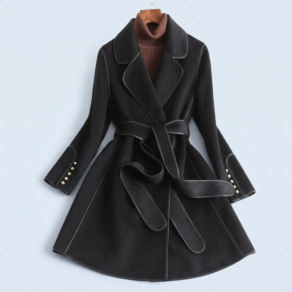 Paulette Piped Edge Belted Wool Blend Wrap Coat