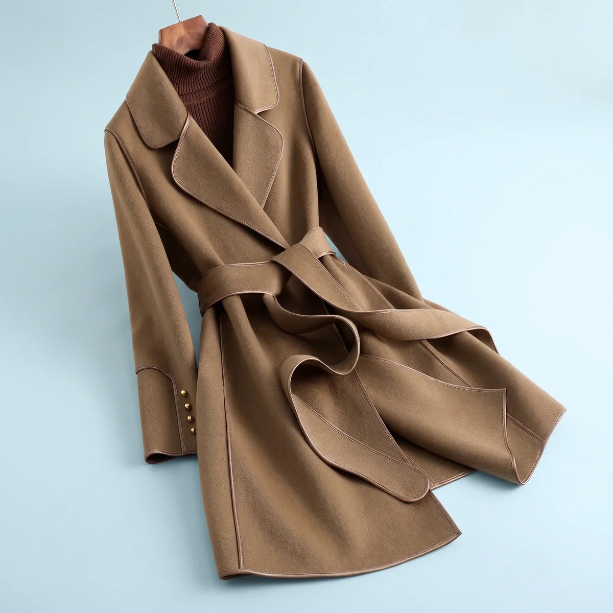 Paulette Piped Edge Belted Wool Blend Wrap Coat
