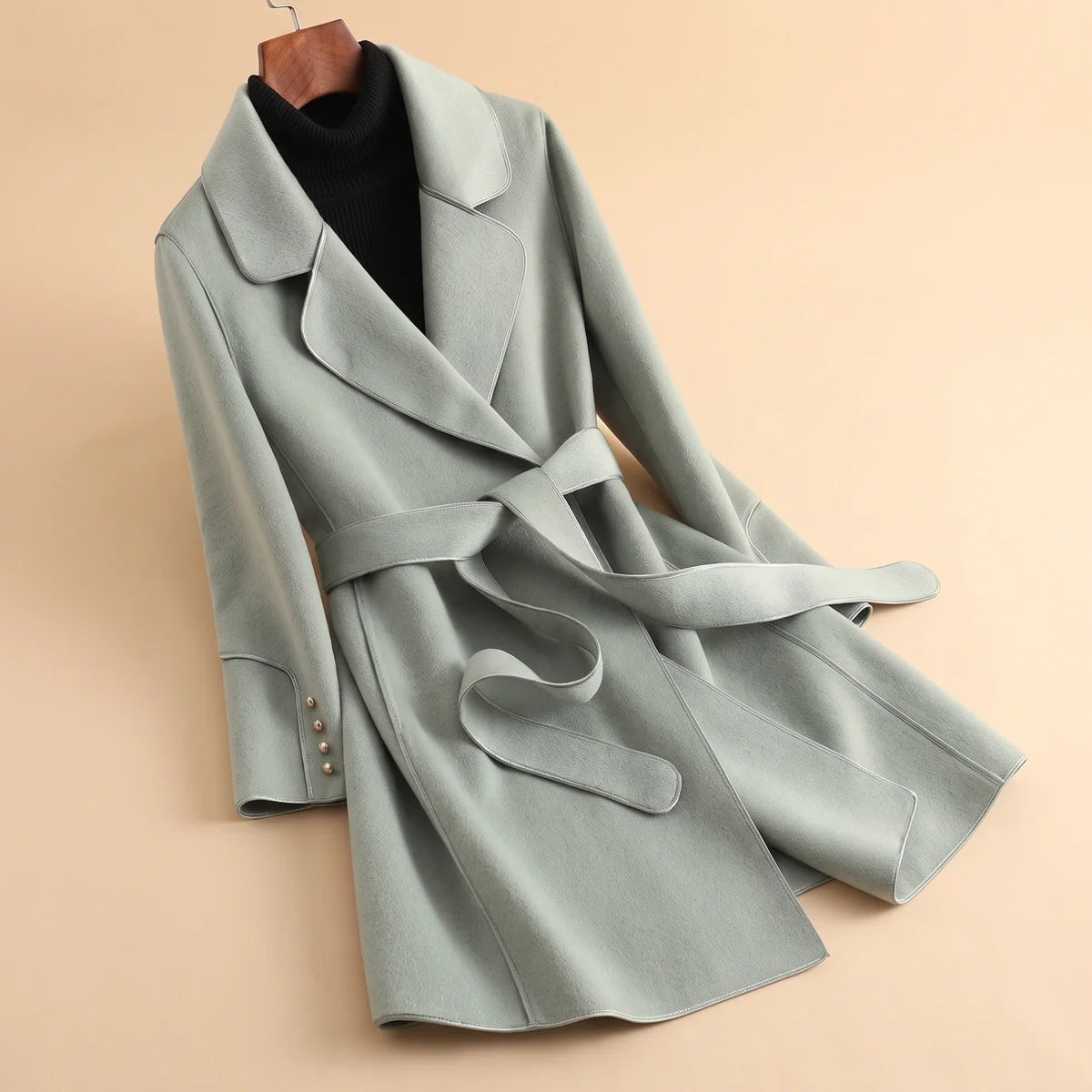 Paulette Piped Edge Belted Wool Blend Wrap Coat