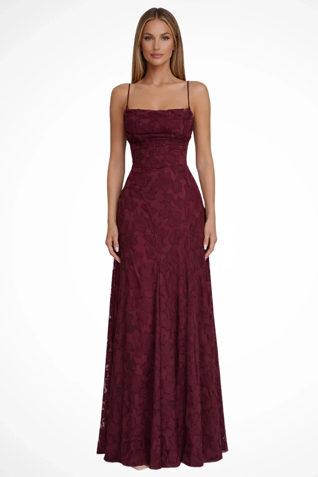 Penelope | Lace Up Floral Jacquard Formal Maxi Dress with Spaghetti Straps Back