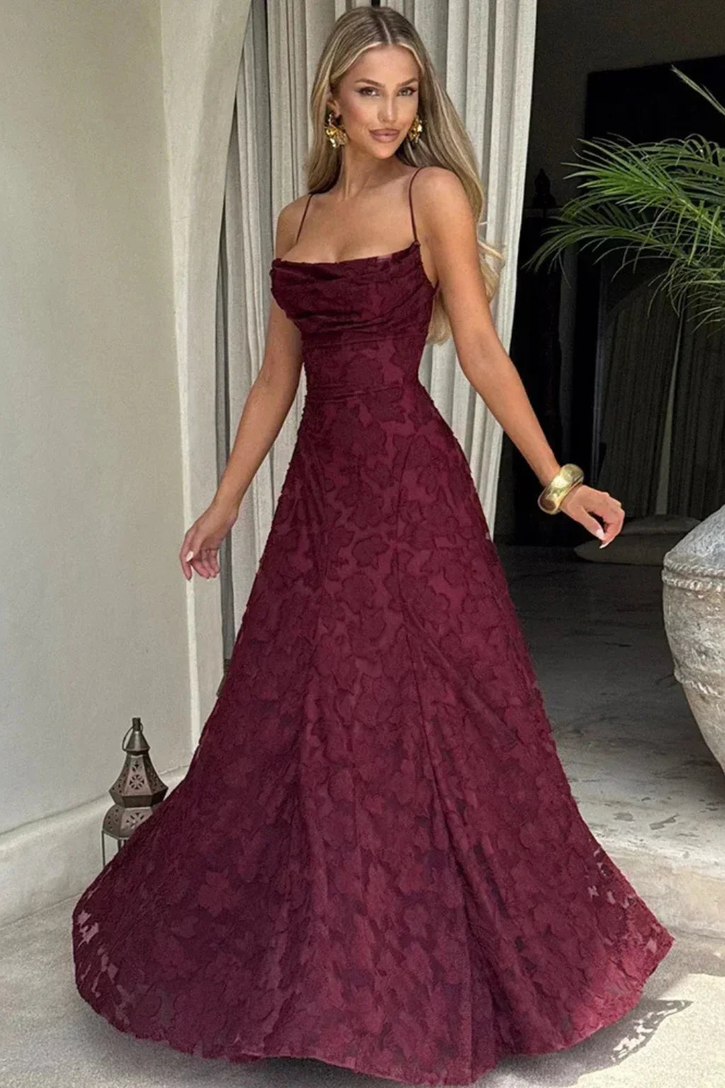 Penelope | Lace Up Floral Jacquard Formal Maxi Dress with Spaghetti Straps Back