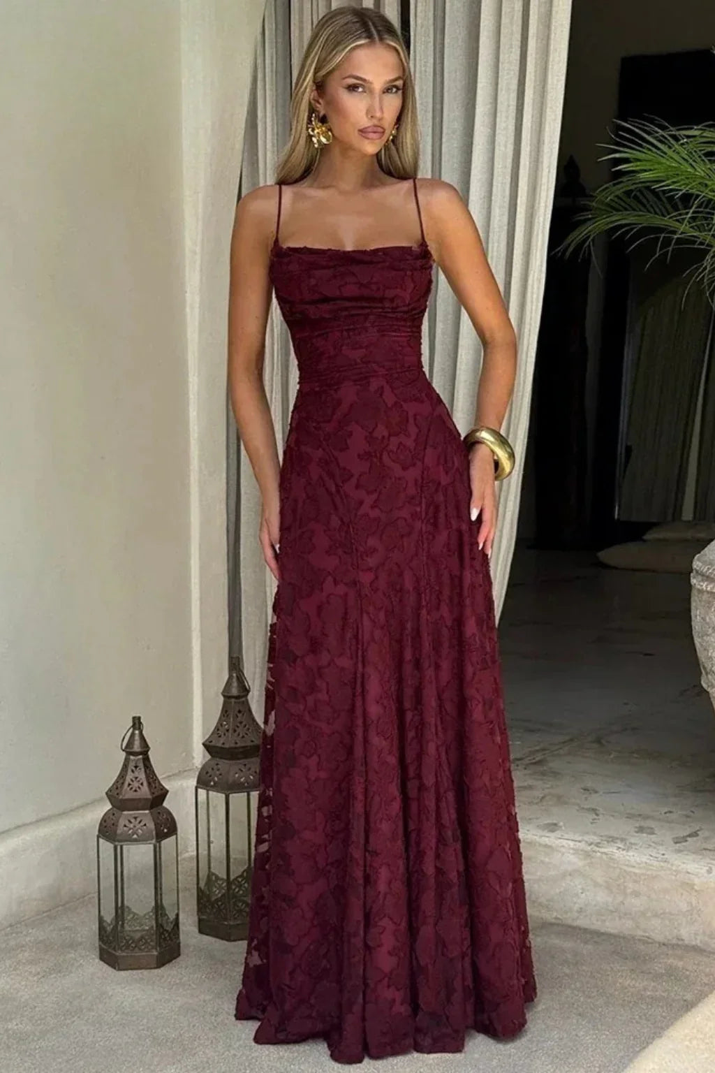 Penelope | Lace Up Floral Jacquard Formal Maxi Dress with Spaghetti Straps Back