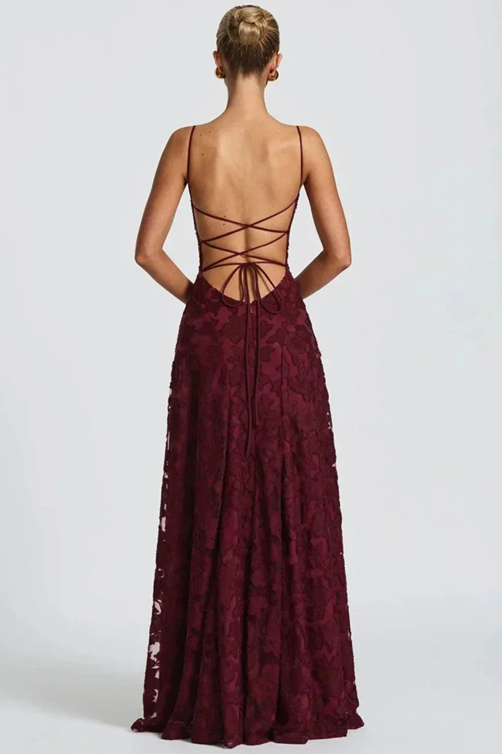 Penelope | Lace Up Floral Jacquard Formal Maxi Dress with Spaghetti Straps Back