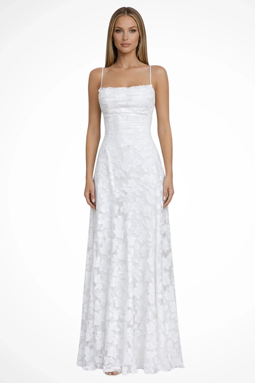 Penelope | Lace Up Floral Jacquard Formal Maxi Dress with Spaghetti Straps Back