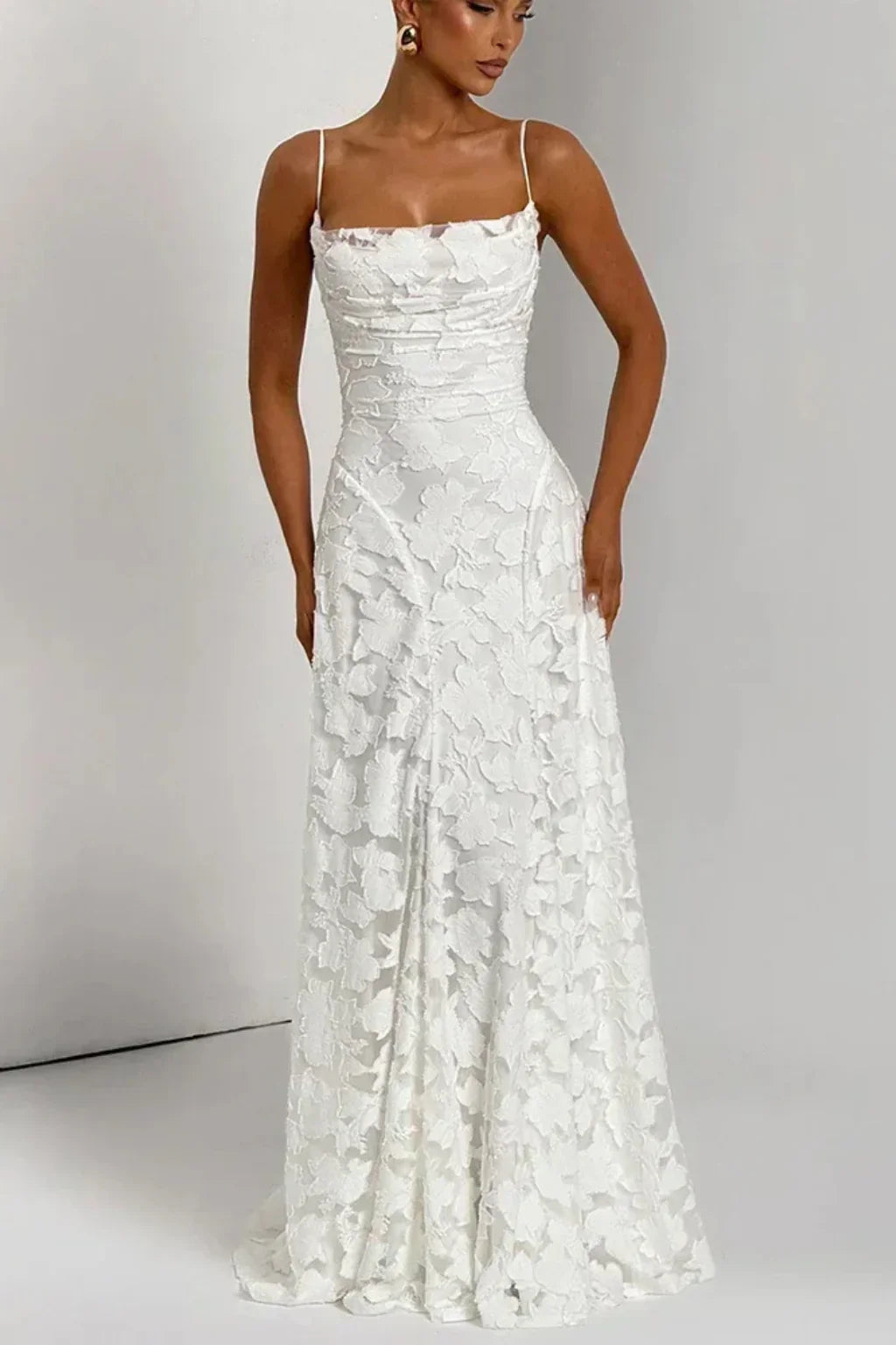 Penelope | Lace Up Floral Jacquard Formal Maxi Dress with Spaghetti Straps Back