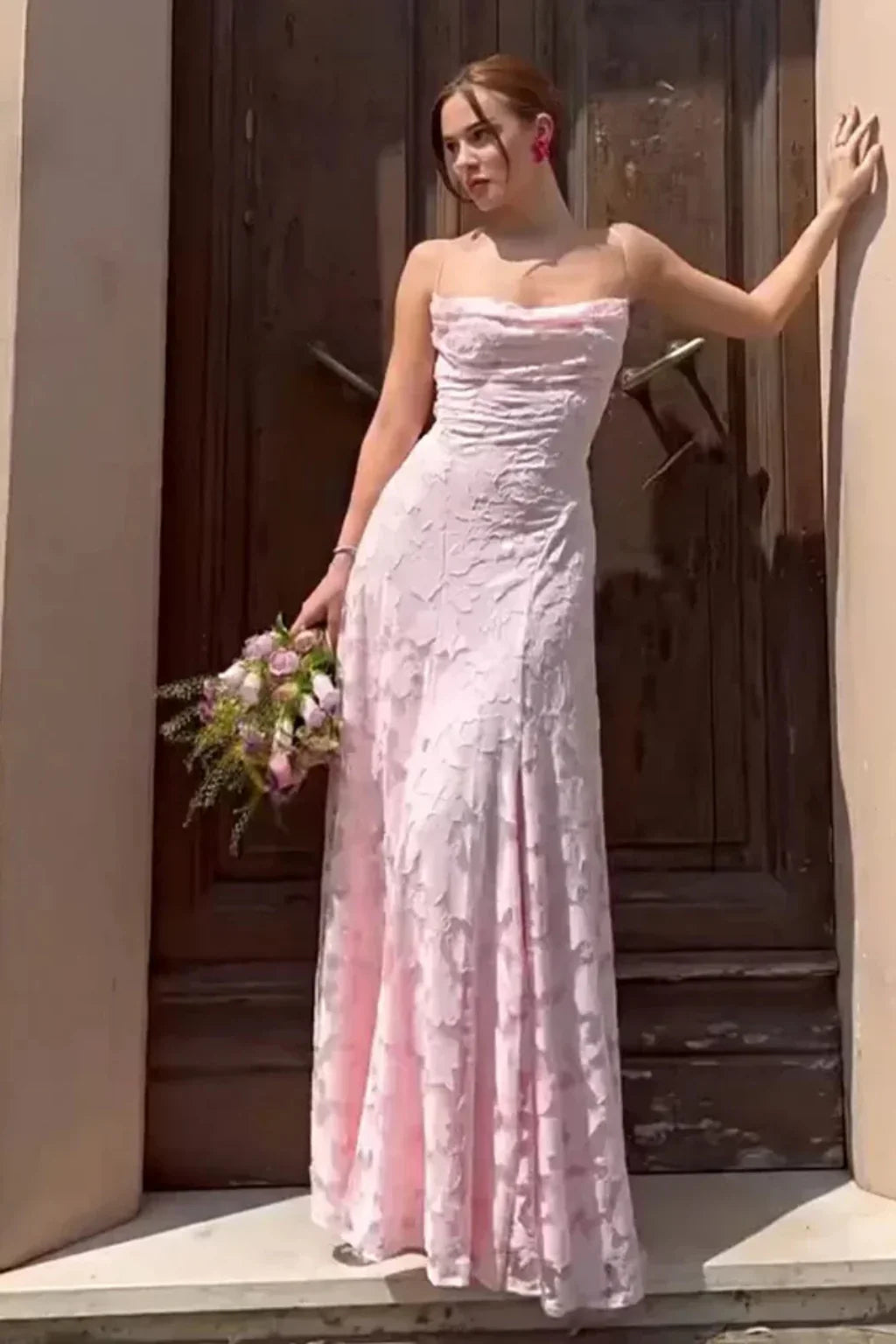Penelope | Lace Up Floral Jacquard Formal Maxi Dress with Spaghetti Straps Back