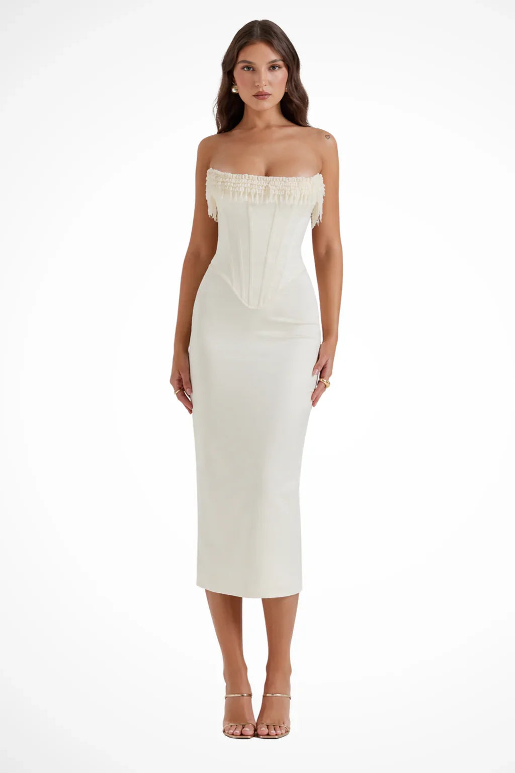 Penny | Strapless Corset Cocktail Midi Dress with Pearl Trim