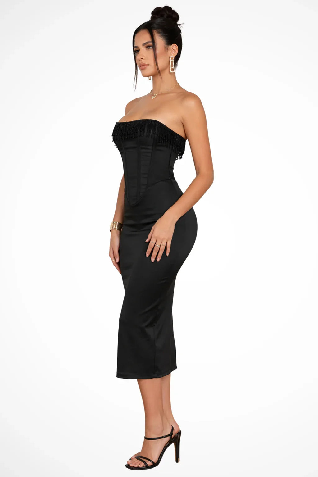 Penny | Strapless Corset Cocktail Midi Dress with Pearl Trim