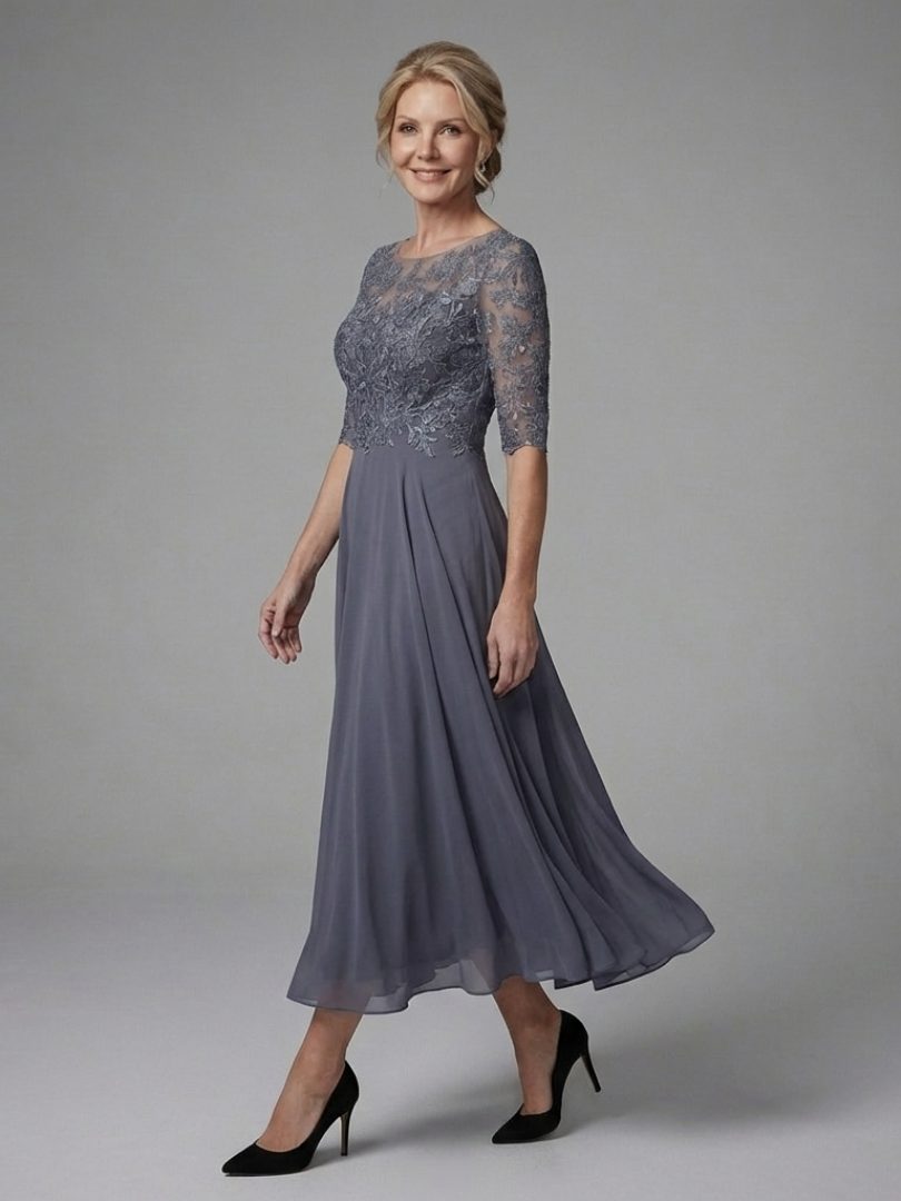 Penthea | Midi Winter Wedding Guest Dress with Lace Bodice and Three-Quarter Sleeves for Women
