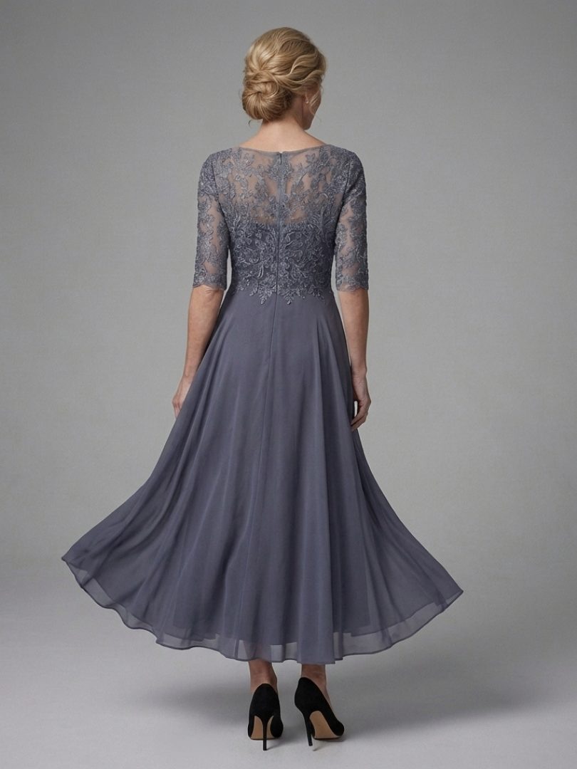 Penthea | Midi Winter Wedding Guest Dress with Lace Bodice and Three-Quarter Sleeves for Women