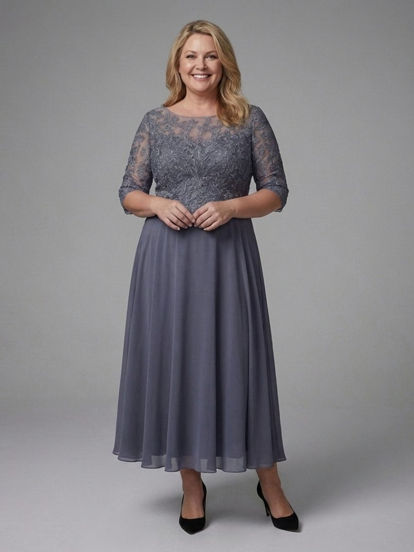 Penthea | Midi Winter Wedding Guest Dress with Lace Bodice and Three-Quarter Sleeves for Women