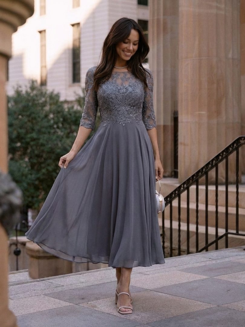 Penthea | Midi Winter Wedding Guest Dress with Lace Bodice and Three-Quarter Sleeves for Women