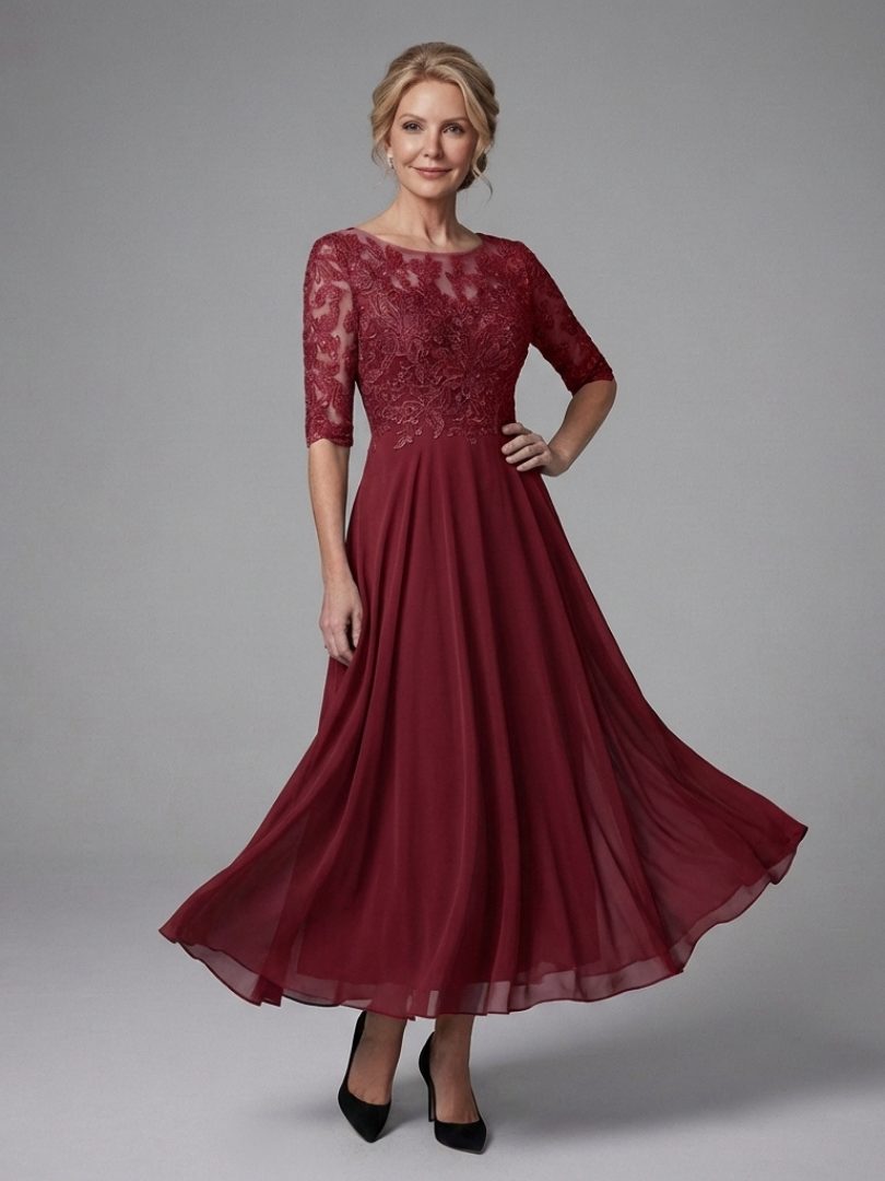 Penthea | Midi Winter Wedding Guest Dress with Lace Bodice and Three-Quarter Sleeves for Women