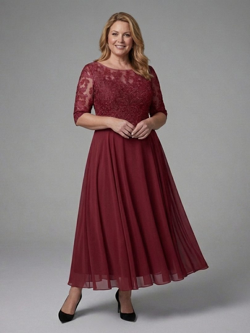 Penthea | Midi Winter Wedding Guest Dress with Lace Bodice and Three-Quarter Sleeves for Women