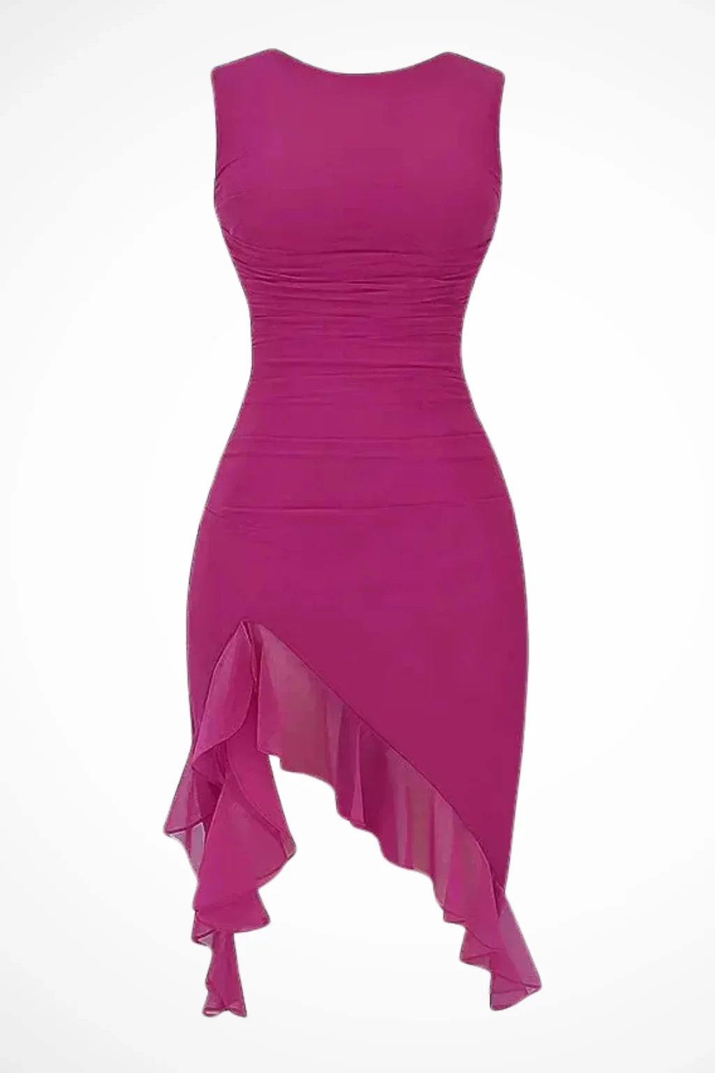 Perdita | Women's Ruched Mesh Evening Midi Dress with Ruffle Slit and Asymmetric Hem