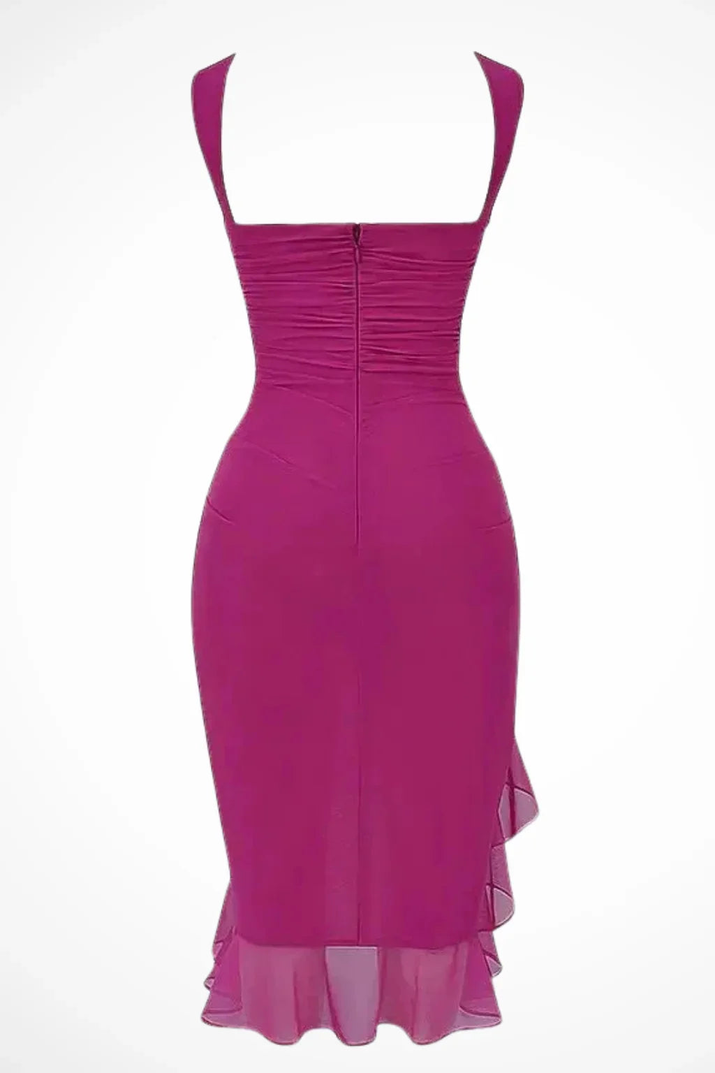 Perdita | Women's Ruched Mesh Evening Midi Dress with Ruffle Slit and Asymmetric Hem