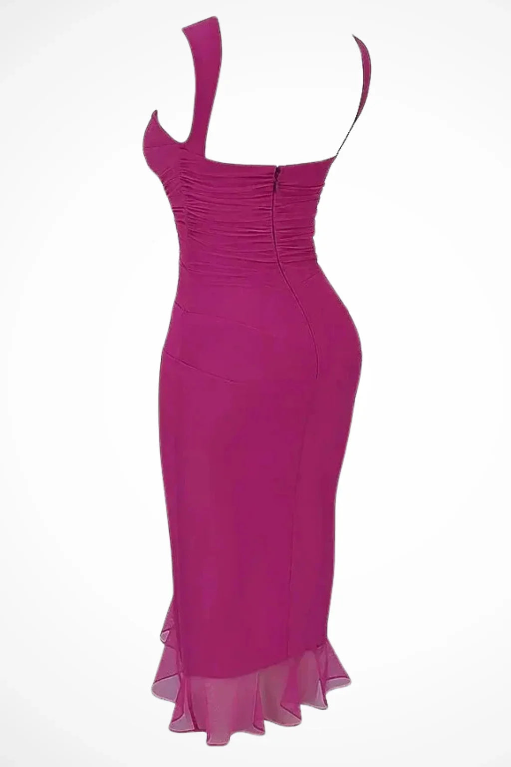 Perdita | Women's Ruched Mesh Evening Midi Dress with Ruffle Slit and Asymmetric Hem