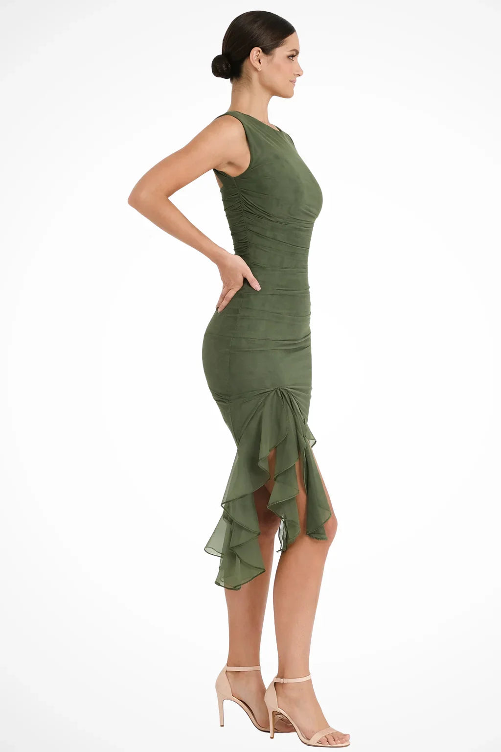 Perdita | Women's Ruched Mesh Evening Midi Dress with Ruffle Slit and Asymmetric Hem