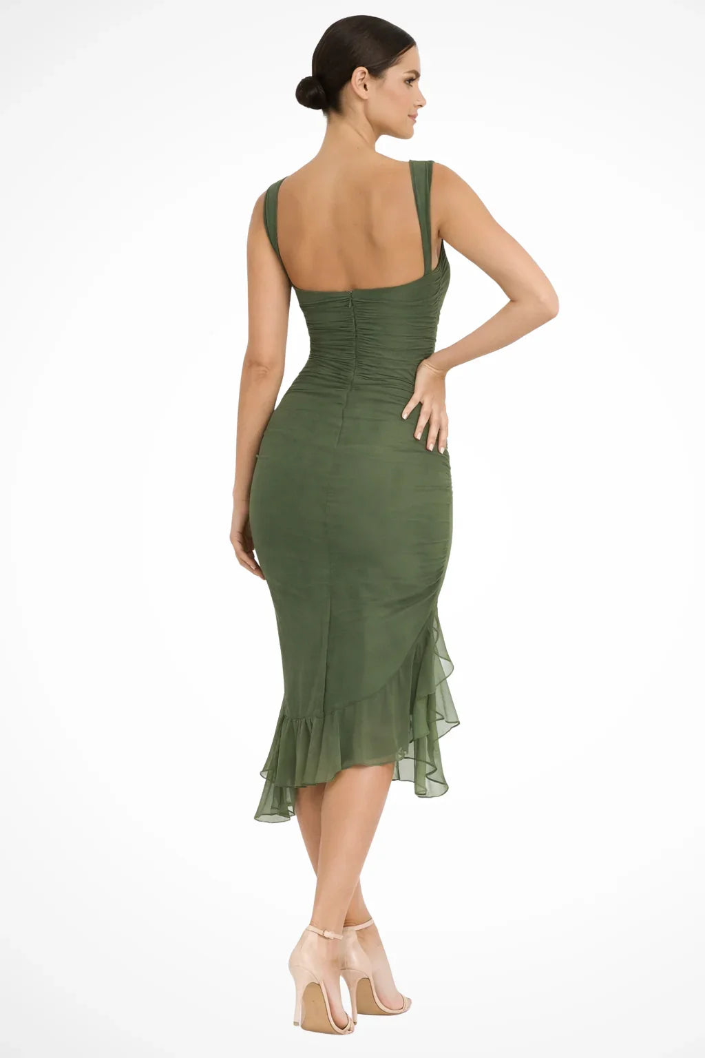 Perdita | Women's Ruched Mesh Evening Midi Dress with Ruffle Slit and Asymmetric Hem