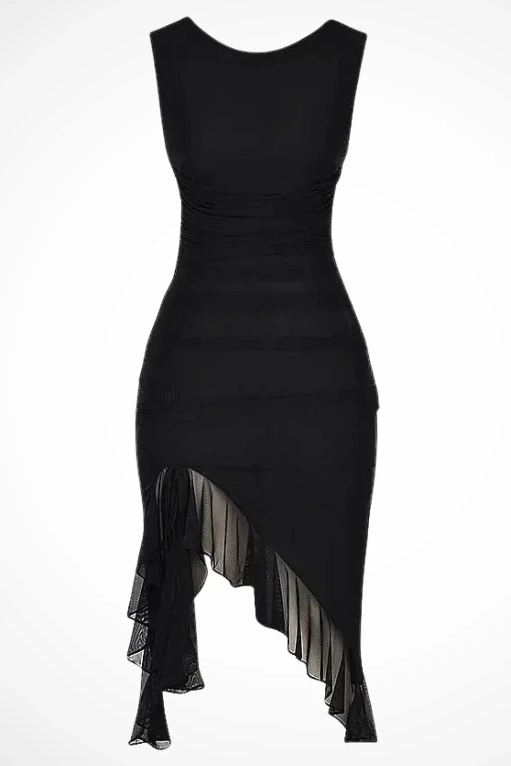 Perdita | Women's Ruched Mesh Evening Midi Dress with Ruffle Slit and Asymmetric Hem