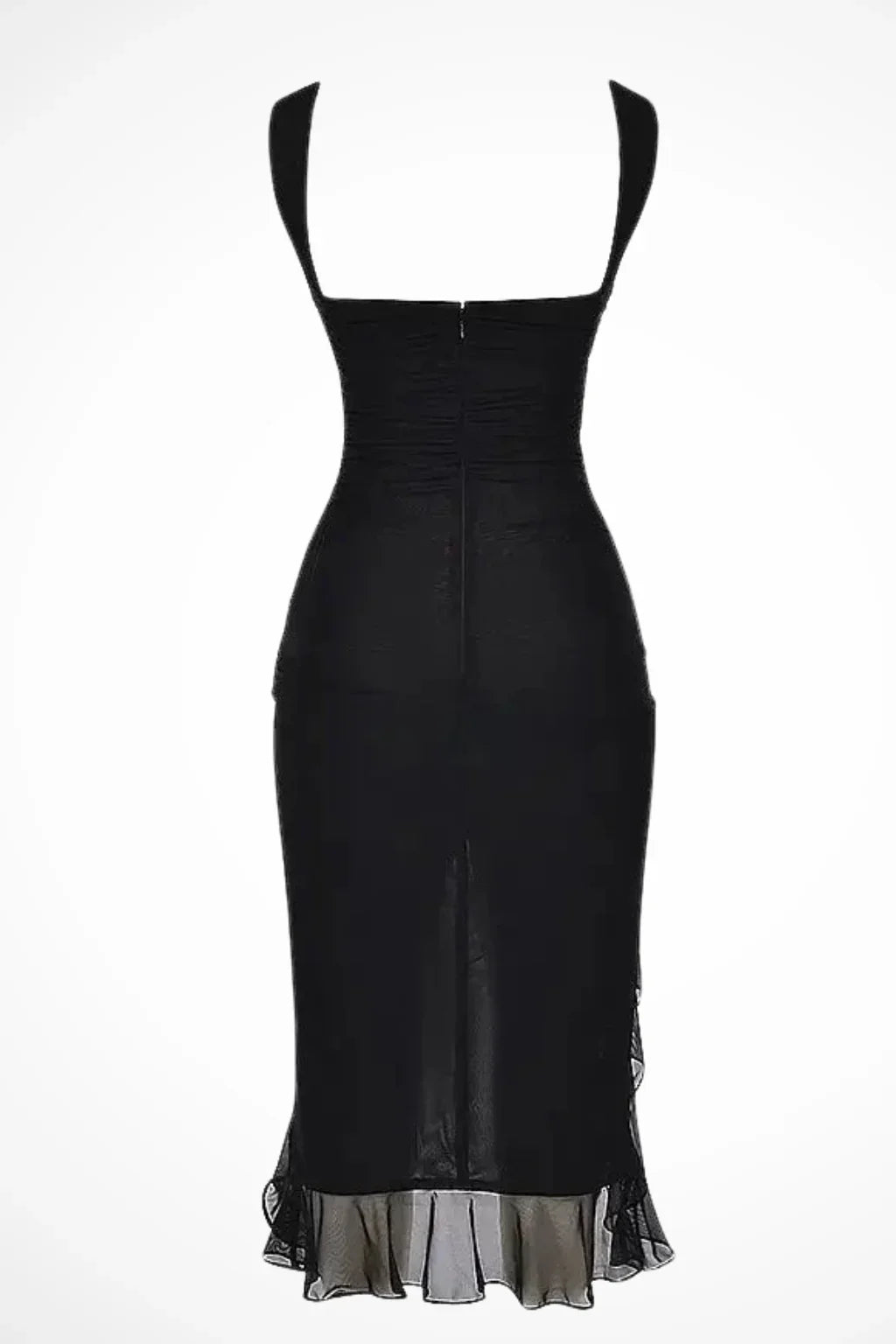 Perdita | Women's Ruched Mesh Evening Midi Dress with Ruffle Slit and Asymmetric Hem
