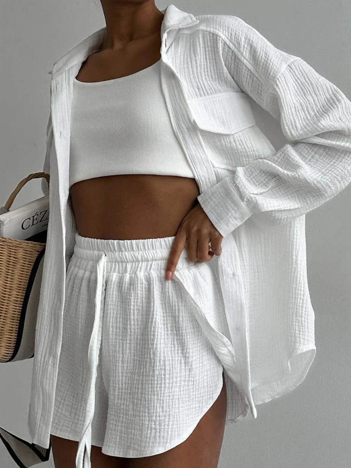 Phoebe | Women's Two Piece Casual Set with Button Up Shirt and Drawstring Shorts