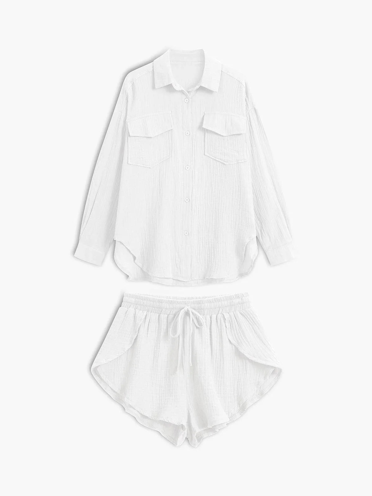 Phoebe | Women's Two Piece Casual Set with Button Up Shirt and Drawstring Shorts