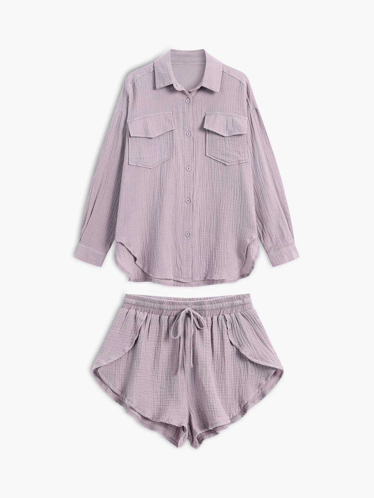 Phoebe | Women's Two Piece Casual Set with Button Up Shirt and Drawstring Shorts