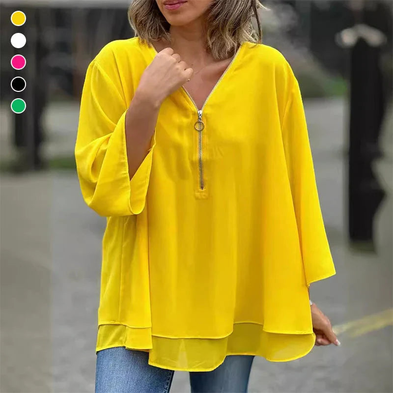 Phyllis | Women's Chiffon V-Neck Zip Top with Layered Hem