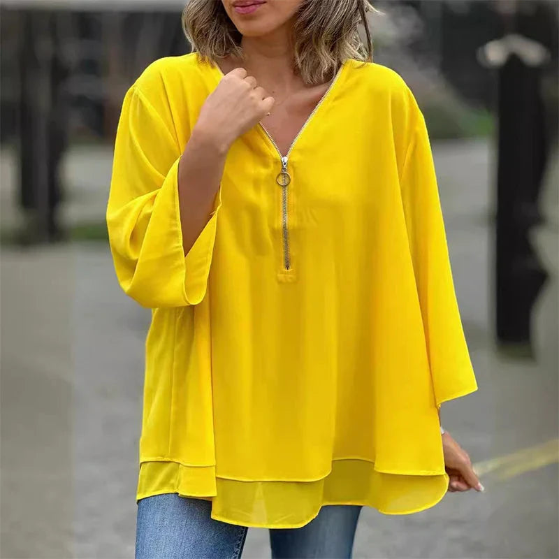 Phyllis | Women's Chiffon V-Neck Zip Top with Layered Hem