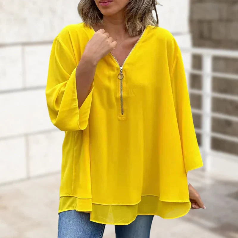 Phyllis | Women's Chiffon V-Neck Zip Top with Layered Hem