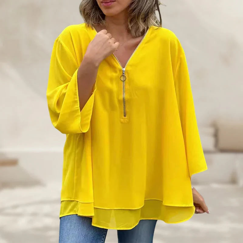 Phyllis | Women's Chiffon V-Neck Zip Top with Layered Hem
