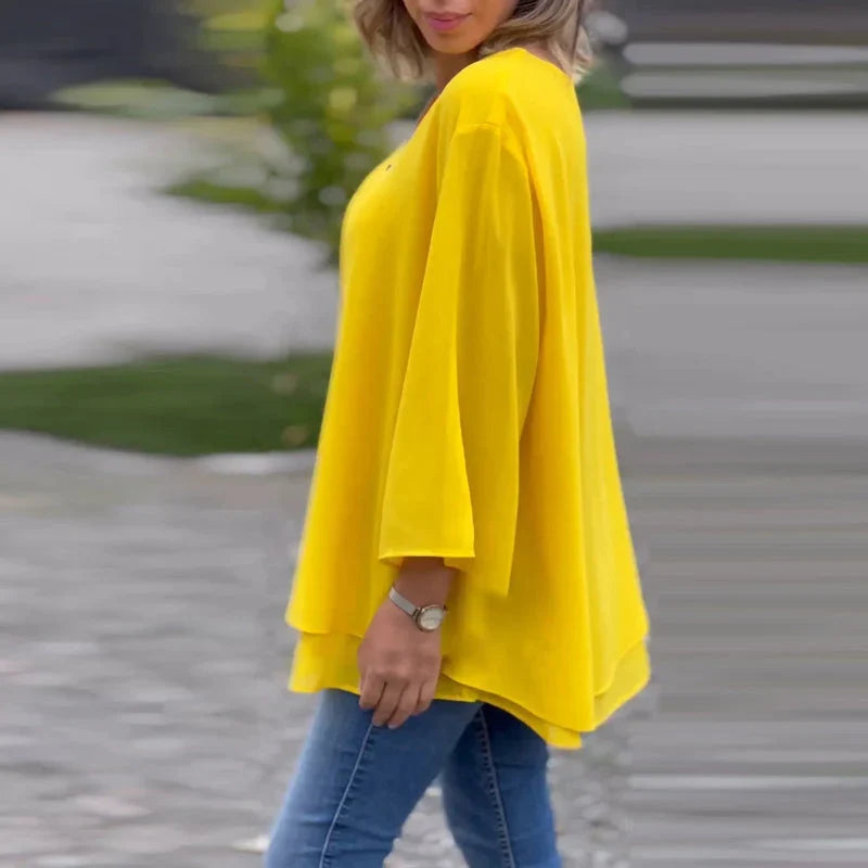 Phyllis | Women's Chiffon V-Neck Zip Top with Layered Hem