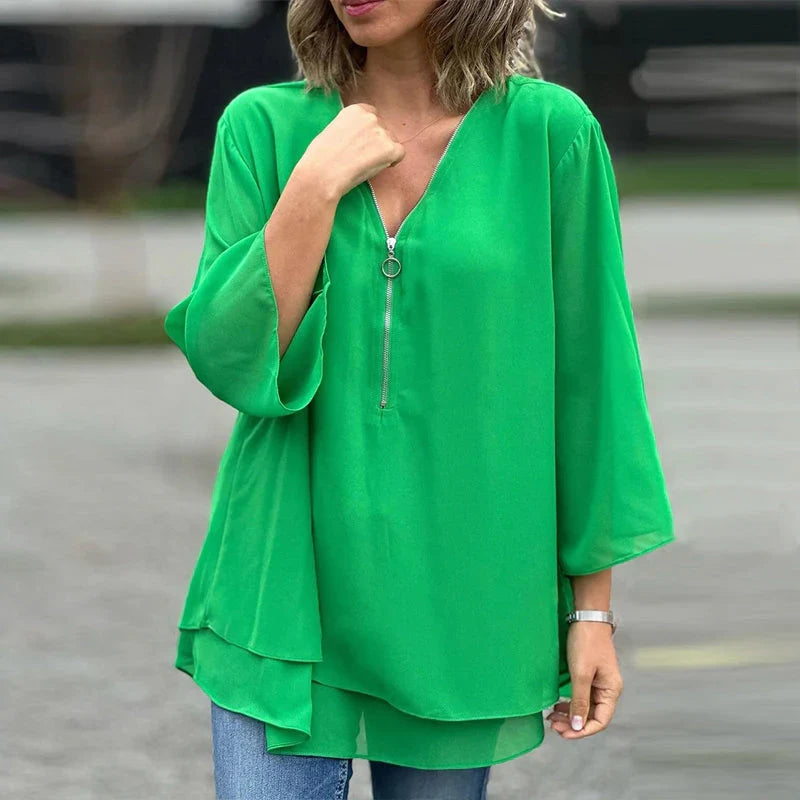 Phyllis | Women's Chiffon V-Neck Zip Top with Layered Hem