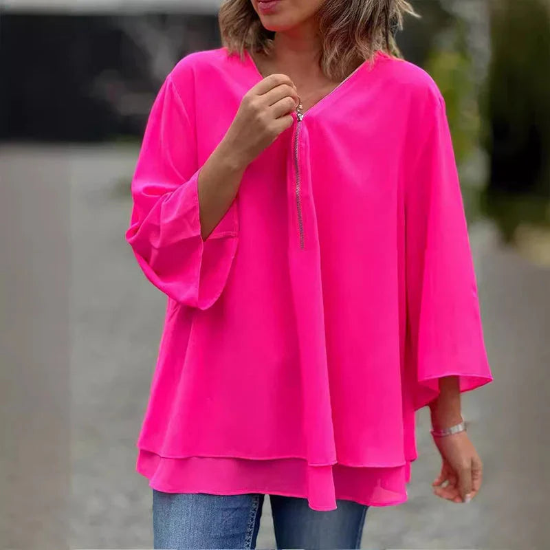 Phyllis | Women's Chiffon V-Neck Zip Top with Layered Hem