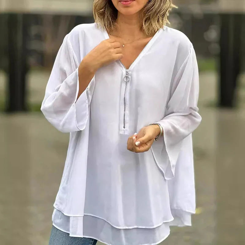 Phyllis | Women's Chiffon V-Neck Zip Top with Layered Hem