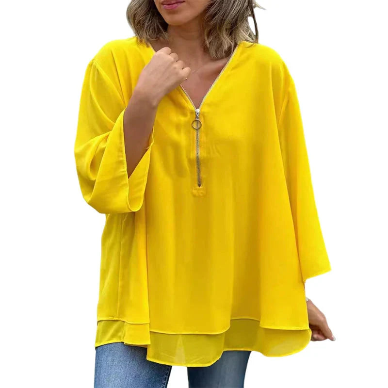 Phyllis | Women's Chiffon V-Neck Zip Top with Layered Hem