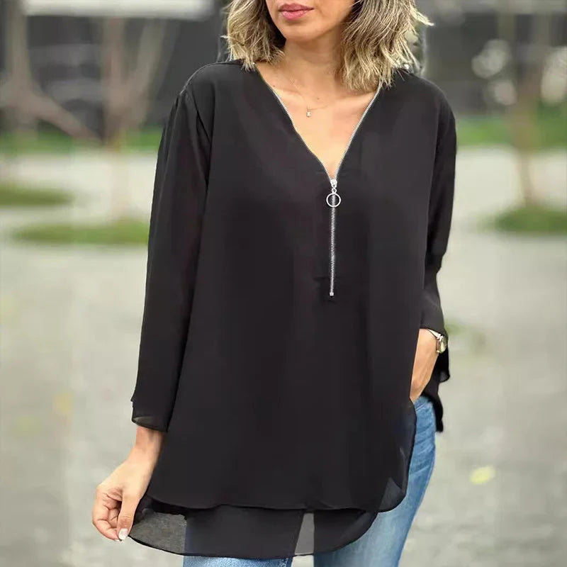 Phyllis | Women's Chiffon V-Neck Zip Top with Layered Hem