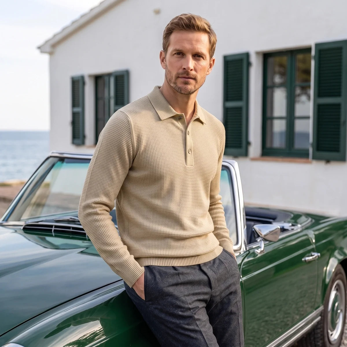 Piers Textured Knit Long Sleeve Polo Sweater
